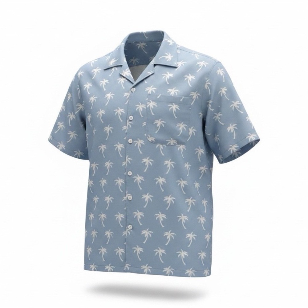 Men's Small Blue Palm Tree Hawaiian Beach Woven Polyester Short Sleeve Button-Up